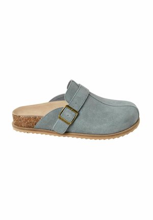 Gray suede clog with a cork accent at the heel, adjustable strap with a metal buckle, textured rubber sole, and smooth footbed.