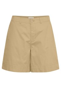 Shorts en coton kaki avec fermeture à bouton à l'avant, design à jambes droites et détails de ourlet roulé. Aucune poche visible sur l'image.