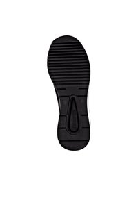 Suela de zapato de goma negra con surcos texturizados, que presenta una hendidura central y un logotipo. Diseño limpio, forma plana y construcción robusta.