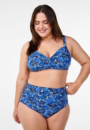 Blue floral bikini set featuring a twist front top with underwire and high-waisted bottom, both made of soft, stretchy fabric.