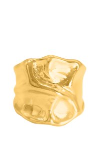 Anello in metallo tono oro con una forma ondulata e organica e una finitura ad alta lucentezza. Presenta linee morbide e fluide e un centro bombato.