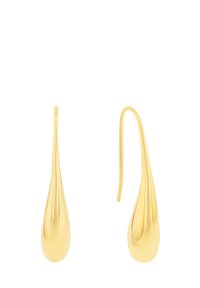 Orecchini a goccia color oro con forma a goccia, superficie liscia e design allungato. I ganci sono sottili e curvi.
