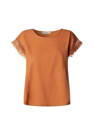 Top da donna a maniche corte color arancio ruggine con scollo rotondo e rifinitura in pizzo all'uncinetto con frange sulle maniche.