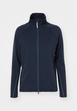 Navy fleece jacket with a high collar and full zipper, featuring contrasting blue stitching and raglan sleeves for enhanced movement.