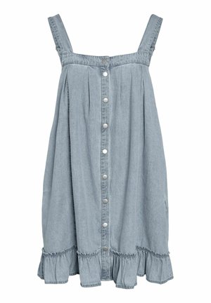 Light blue denim sleeveless dress with front silver buttons and ruffled hem, featuring wide shoulder straps and loose fit.