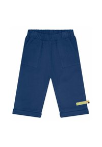 Pantaloni per bambini blu navy con vita elastica, due tasche frontali e orli arrotolati. Etichetta laterale con accenti gialli e multicolor.