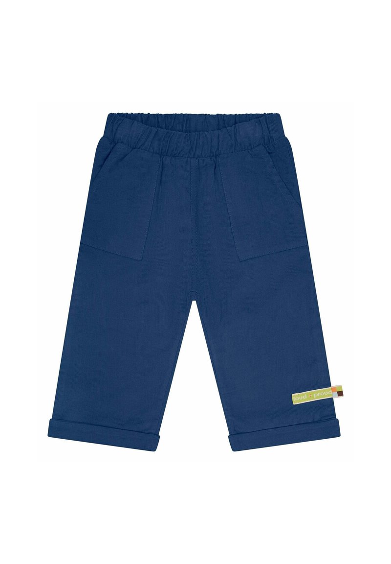 Pantaloni per bambini blu navy con vita elastica, due tasche frontali e orli arrotolati. Etichetta laterale con accenti gialli e multicolor.