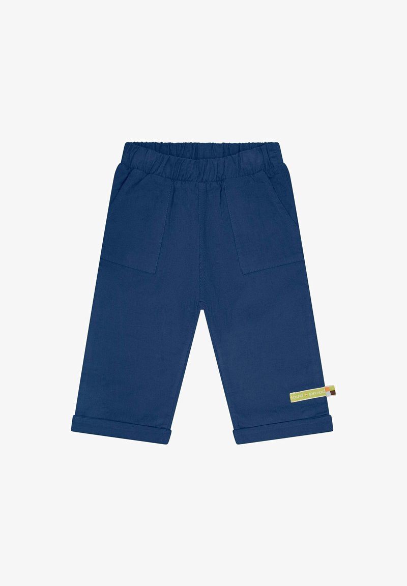 Marineblauwe kinderbroek met een elastische taille, twee voortassen en opgerolde pijpen. Label aan de zijkant met gele en multikleurige accenten.