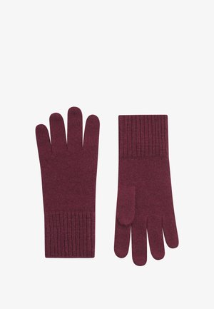 Gants en tricot bourgogne avec des poignets côtelés, comportant cinq doigts et une texture douce. Convient pour une utilisation par temps froid.