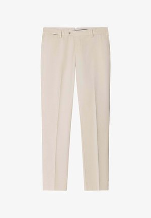 Pantaloni beige su misura con chiusura a bottone e cerniera, tasche laterali, passanti per cintura e taglio a gamba dritta.