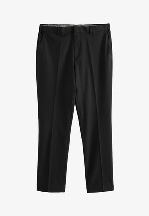 Pantalones formales negros con trabillas para cinturón, bolsillos laterales y corte recto, mostrados sobre un fondo blanco.