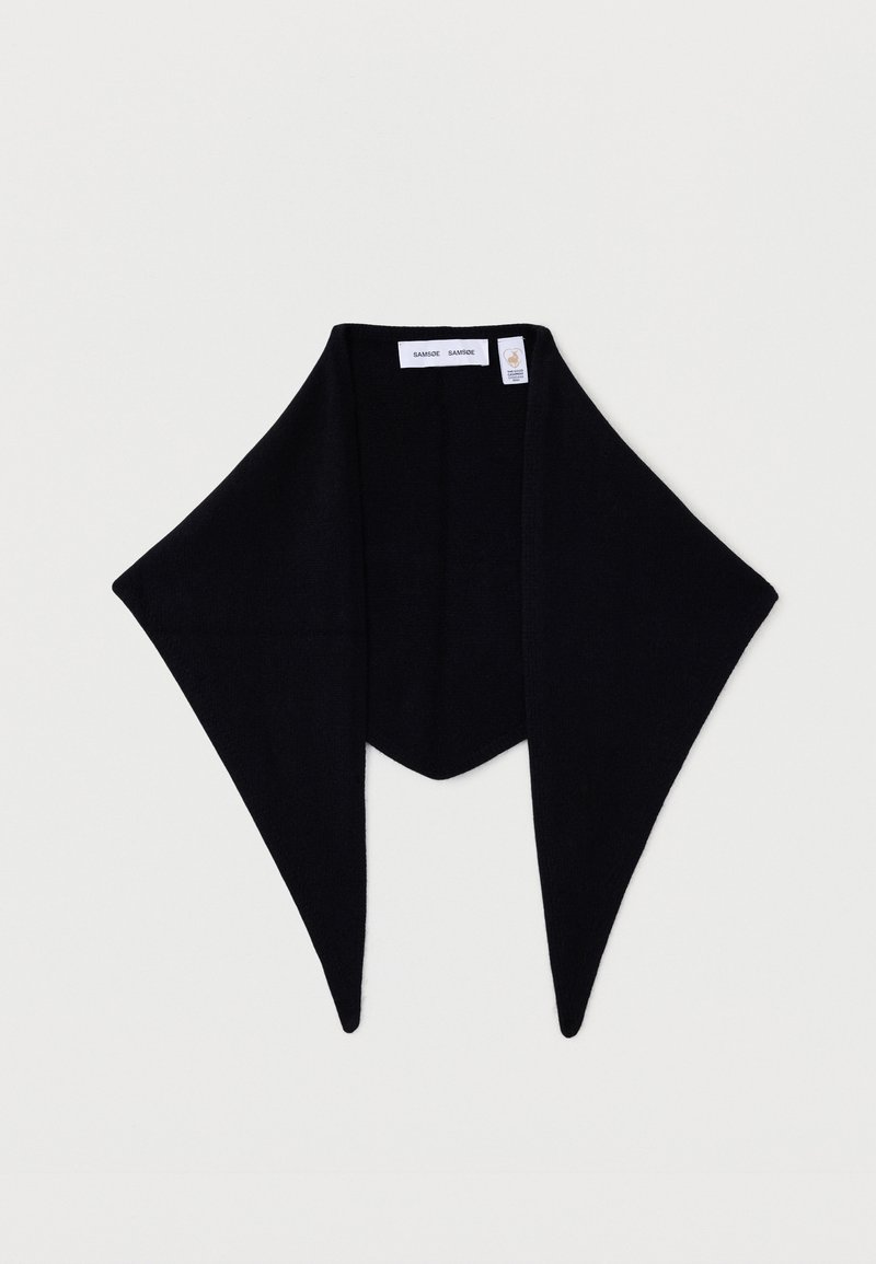 Zwarte wollen sjaal met een driehoekig design, voorzien van een zachte textuur en puntige uiteinden. Inclusief merklabellen aan de binnenkant.