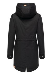 Black parka coat with a hood, featuring a cinched waist, snap buttons at cuffs, and a logo label on the back. Smooth, matte texture.