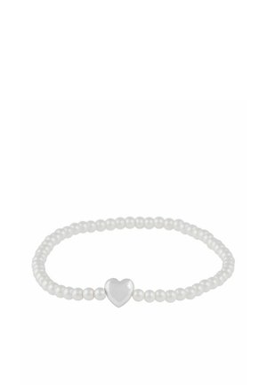 White pearl bracelet with a central silver heart-shaped charm on a white background.