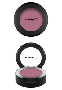 MAC blush in een ronde, zwarte compact. Bevat matte rozenroze poeder. Zilveren binnenring met logo. Opent om het product te onthullen.