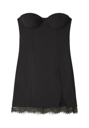 Miniabito nero senza spalline con scollo a cuore, busto strutturato, spacco laterale e rifinitura in pizzo all'orlo.