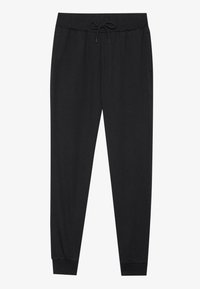 Pantaloni della tuta neri realizzati in tessuto morbido, con vita elastica e coulisse, gambe affusolate e polsini a costine alle caviglie.