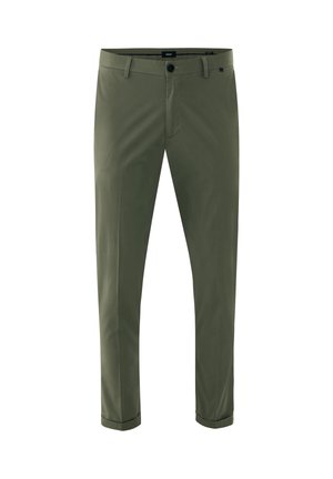 Pantaloni da uomo slim fit verde oliva con passanti per cintura, chiusura con bottone e cerniera, orli risvoltati.