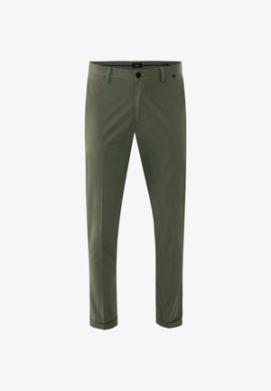 Pantaloni da uomo slim fit verde oliva con passanti per cintura, chiusura con bottone e cerniera, orli risvoltati.