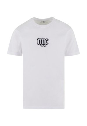 Weißes Baumwoll-T-Shirt mit kurzen Ärmeln und Rundhalsausschnitt, mit einem schwarzen gestickten "nyc"-Logo auf der Brust.