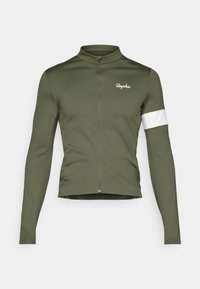 Cyklistický dres s dlouhým rukávem v olivové zelené barvě, vybavený plným zipem vpředu, stojácím límcem a bílým akcentním pruhem na rukávu.