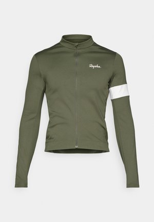 Long-sleeved cycling jersey in olive green fabric, featuring a full front zipper, stand-up collar, and white accent stripe on the sleeve.