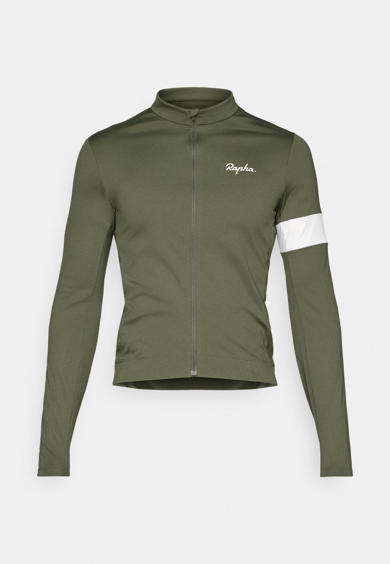 Långärmad cykeltröja i olivgrön tyg, med hel dragkedja framtill, ståkrage och vit accentrand på ärmen.