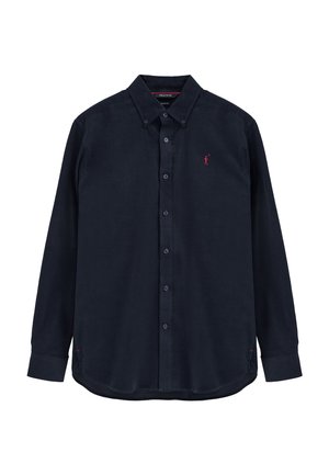 Camisa negra de manga larga con botones, cuello y pequeño logo bordado en rojo en el pecho izquierdo.