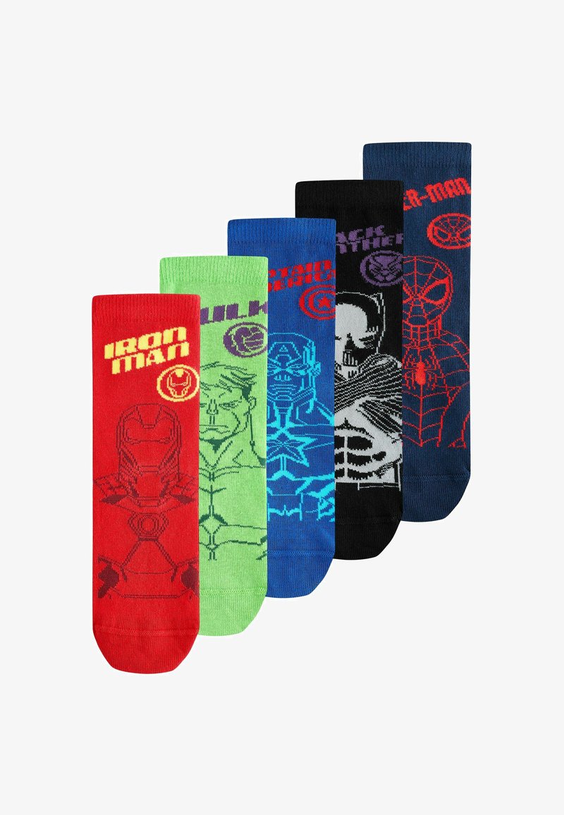 Cinq chaussettes colorées de super-héros Marvel avec les designs et logos d’Iron Man, Hulk, Captain America, Black Panther et Spider-Man.