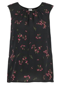 Svart ärmlös topp med rund halsringning, prydd med ett blommönster i rosa och grönt. Slät textur, lös passform och drapering vid halsen.