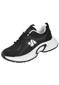 Zapatilla deportiva negra con parte superior de malla, acentos en blanco y una suela de goma gruesa; cuenta con cordones y un collar acolchado para mayor comodidad.