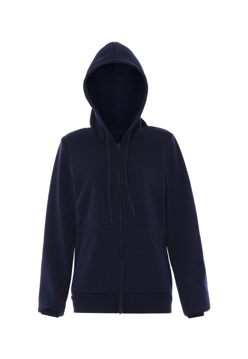 Marinblå zip-up hoodie i mjukt tyg, med dragsko i huvan, två framfickor och ribbade muddar och nederkant. Slät textur.