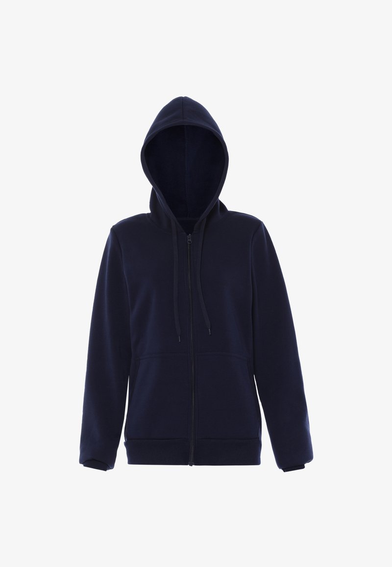 Marinblå zip-up hoodie i mjukt tyg, med dragsko i huvan, två framfickor och ribbade muddar och nederkant. Slät textur.
