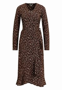 Brun, långärmad omlottklänning med en texturerad mönster som har vita detaljer, en V-hals och en volangnederkant.