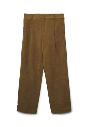 Braune Cordhosen mit weitem, geradem Schnitt, ausgestattet mit vorderen Falten und umgeschlagenen Säumen. Weiche Textur mit vertikalem Rippmuster.