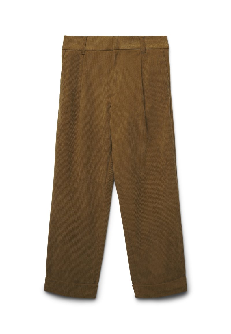 Pantaloni in corduroy marrone con taglio wide e gamba dritta, caratterizzati da pieghe frontali e orli cuffati. Texture morbida con motivo a righe verticali.