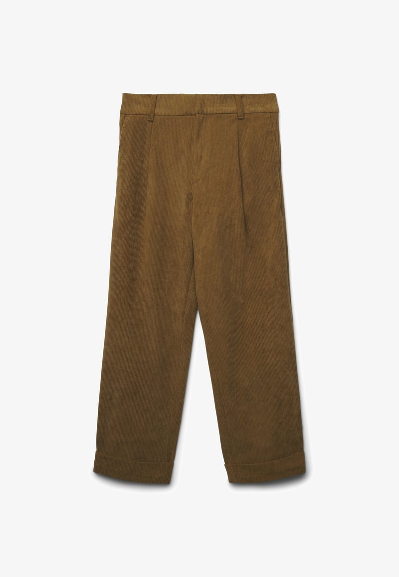 Pantaloni in corduroy marrone con taglio wide e gamba dritta, caratterizzati da pieghe frontali e orli cuffati. Texture morbida con motivo a righe verticali.