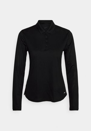 Polo noir à manches longues avec col et patte à cinq boutons, logo Nike sur la poitrine et l'ourlet, présenté sur fond uni.