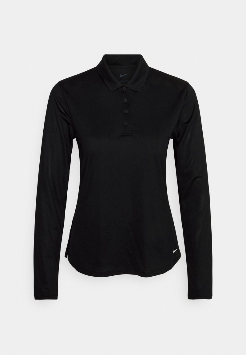 Polo noir à manches longues avec col et patte à cinq boutons, logo Nike sur la poitrine et l'ourlet, présenté sur fond uni.