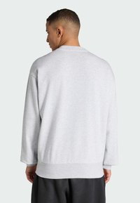 Sudadera gris con mangas largas, cuello redondo y dobladillo acanalado. Tejido de algodón suave, ajuste relajado con diseño trasero sin costuras.