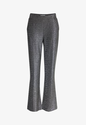 Glänzende, schwarz glitzernde Schlaghosen mit einer glatten Textur und einem taillierten Bund. Sie verfügen über einen subtilen Glanz und ausgestellte Beinöffnungen.