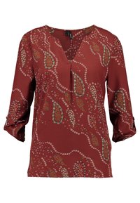 Blouse bordeaux avec un décolleté en V, manches trois-quarts et motif floral. Fabriquée en tissu léger, mettant en avant des motifs paisley et de petites fleurs.