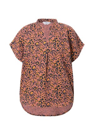 Korte mouwen blouse van een roze stof met een zwart en oranje luipaardprint, V-hals en een relaxte pasvorm met een ronde zoom.