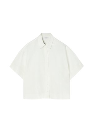 Rövid ujjú, világos krém színű gombos ing, könnyű anyagból készült. Klasszikus gallérral és egyenes fazonnal rendelkezik.