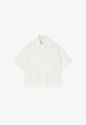 Kurzärmliges Hemd mit Knopfleiste in hellcremefarben, aus leichtem Stoff gefertigt. Verfügt über einen klassischen Kragen und einen geraden Schnitt.