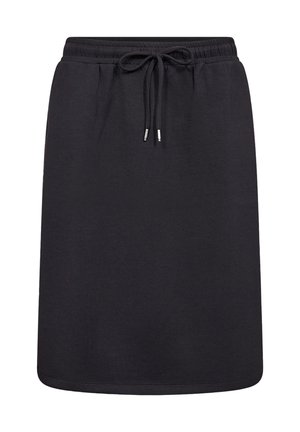 Schwarzer knielanger Rock aus weichem Stoff mit elastischem Bund und verstellbarem Kordelzug. Einfaches Design ohne Muster oder Verzierungen.