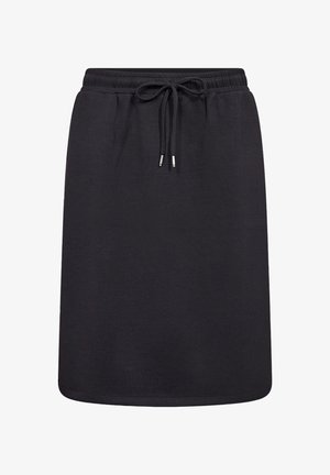 Schwarzer knielanger Rock aus weichem Stoff mit elastischem Bund und verstellbarem Kordelzug. Einfaches Design ohne Muster oder Verzierungen.