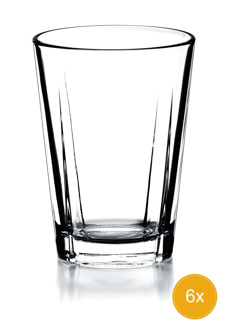 Klares Glas-Tumbler mit geraden Seiten, einem stabilen Grund und einer glatten Oberfläche, mit einem schlichten, klassischen Design. Packung mit sechs Stück.