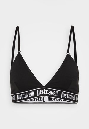 Čierny bralet s dizajnom do V, vyrobený z mäkkej textílie, s kontrastným bielym pásom s textom "justcavalli". Tenké ramienka.