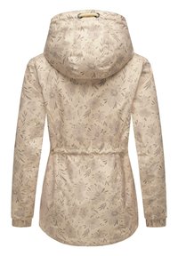 Floral-patterned beige jacket with a hood, drawstring waist, and elastic sleeve cuffs. Designed with intricate flower and leaf motifs.